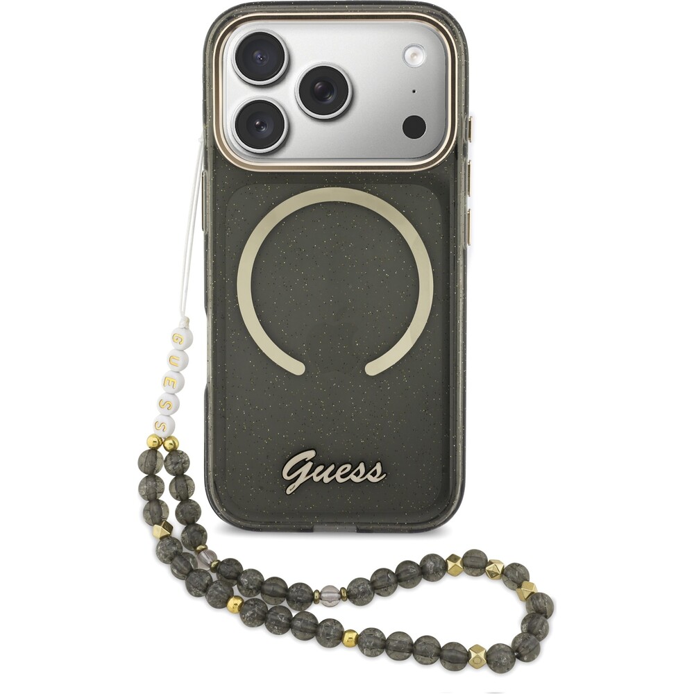 Guess-IML-Glitter-Script-Strap-MagSafe-kryt-iPhone-17-Pro-cerny