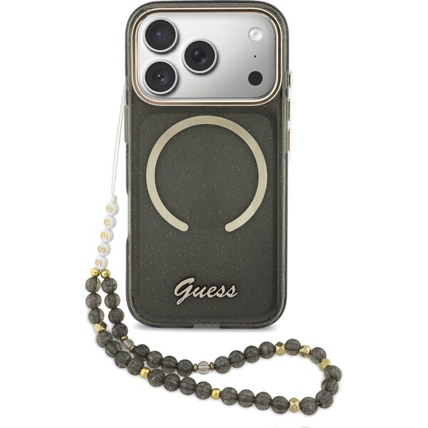 Guess-IML-Glitter-Script-Strap-MagSafe-kryt-iPhone-17-Pro-cerny