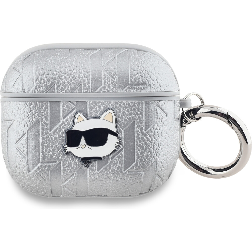 Karl-Lagerfeld-PU-Embossed-Choupette-Head-pouzdro-AirPods-3-stribrne