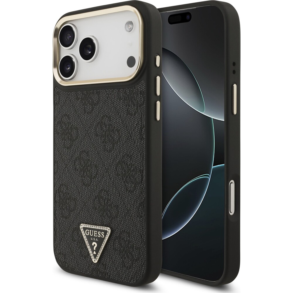 Guess-PU-Leather-4G-Triangle-Logo-Gold-Frame-MagSafe-kryt-iPhone-17-Pro-Max-cerny