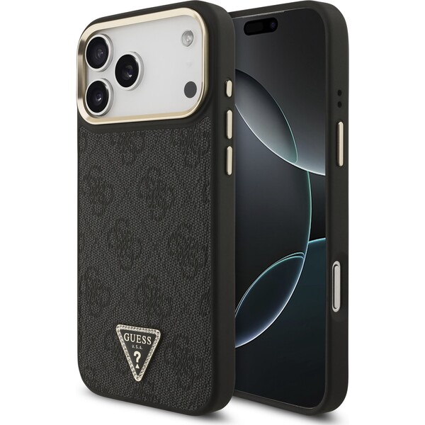 Guess-PU-Leather-4G-Triangle-Logo-Gold-Frame-MagSafe-kryt-iPhone-17-Pro-Max-cerny