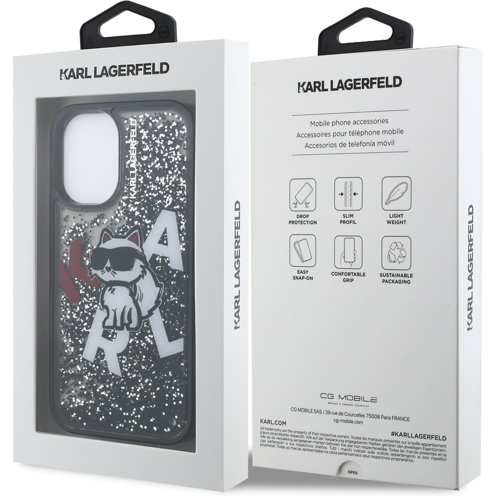 Karl-Lagerfeld-Liquid-Glitter-Scattered-Choupette-kryt-iPhone-16-cerny