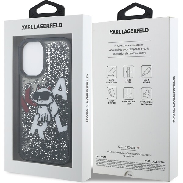 Karl-Lagerfeld-Liquid-Glitter-Scattered-Choupette-kryt-iPhone-16-cerny