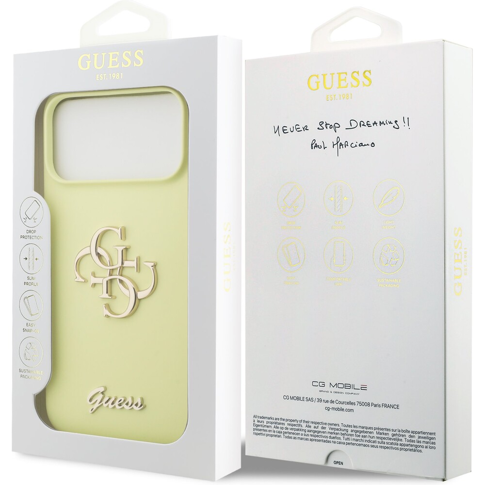 Guess-Liquid-Silicone-4G-Metal-Logo-kryt-iPhone-17-Pro-Max-zluty