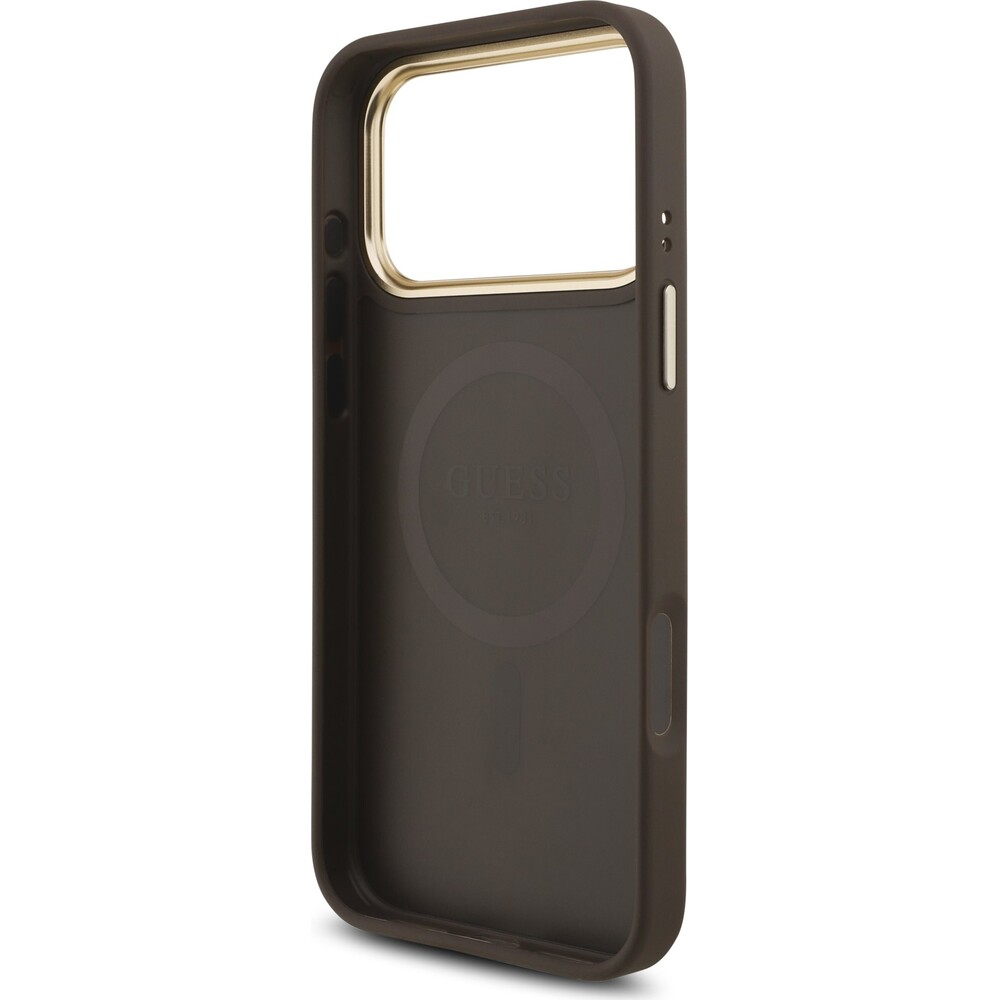 Guess-PU-Leather-4G-Triangle-Logo-Gold-Frame-MagSafe-kryt-iPhone-17-Pro-Max-hnedy