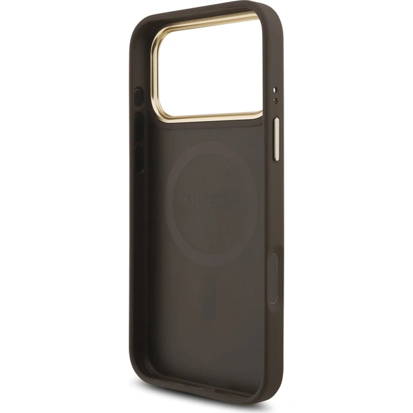 Guess-PU-Leather-4G-Triangle-Logo-Gold-Frame-MagSafe-kryt-iPhone-17-Pro-Max-hnedy
