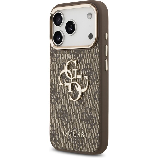 Guess-PU-Leather-4G-Metal-Logo-Gold-Frame-MagSafe-kryt-iPhone-17-Pro-Max-hnedy
