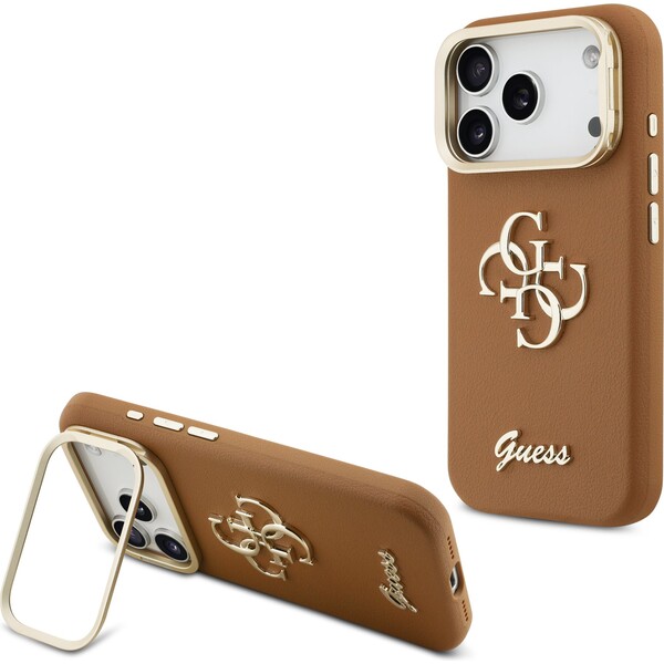 Guess-PU-Grained-4G-Logo-Stand-Camera-Frame-kryt-iPhone-17-Pro-hnedy