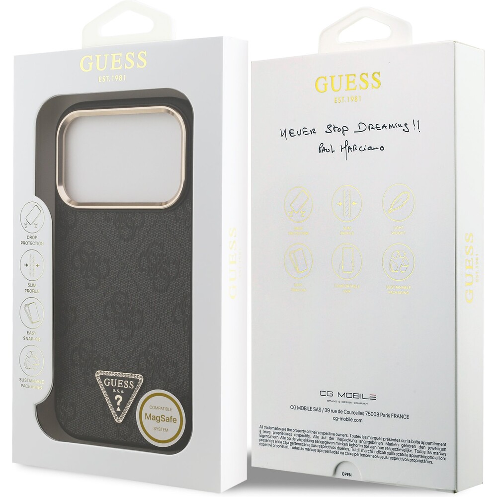 Guess-PU-Leather-4G-Triangle-Logo-Gold-Frame-MagSafe-kryt-iPhone-17-Pro-cerny