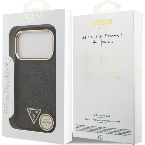 Guess-PU-Leather-4G-Triangle-Logo-Gold-Frame-MagSafe-kryt-iPhone-17-Pro-cerny