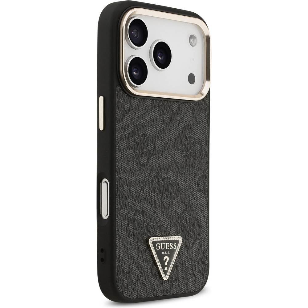 Guess-PU-Leather-4G-Triangle-Logo-Gold-Frame-MagSafe-kryt-iPhone-17-Pro-cerny
