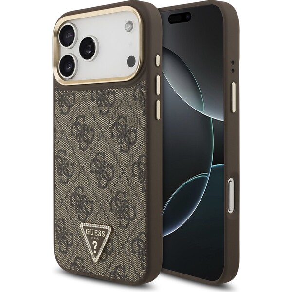Guess-PU-Leather-4G-Triangle-Logo-Gold-Frame-MagSafe-kryt-iPhone-17-Pro-Max-hnedy