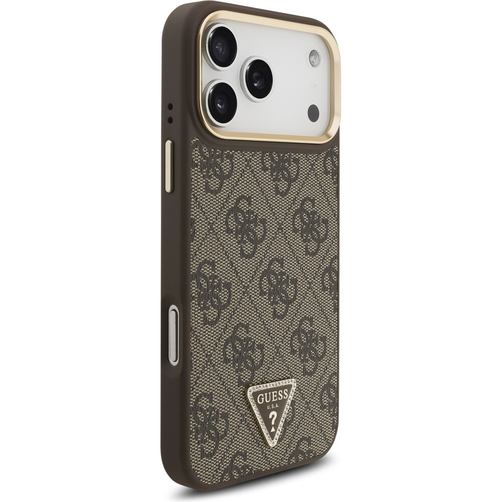 Guess-PU-Leather-4G-Triangle-Logo-Gold-Frame-MagSafe-kryt-iPhone-17-Pro-Max-hnedy