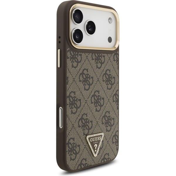 Guess-PU-Leather-4G-Triangle-Logo-Gold-Frame-MagSafe-kryt-iPhone-17-Pro-Max-hnedy