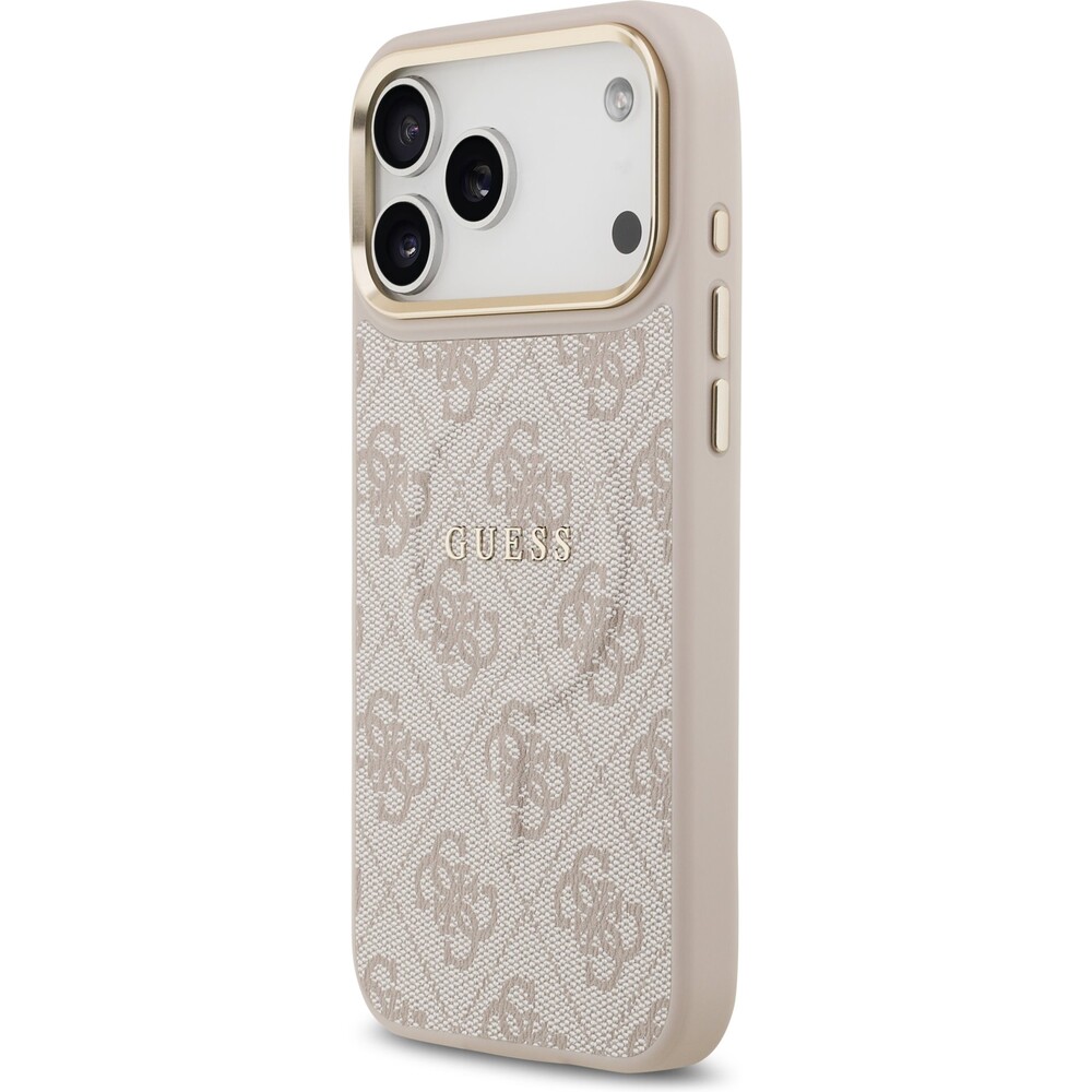Guess-PU-Leather-4G-Gold-Frame-MagSafe-kryt-iPhone-17-Pro-Max-ruzovy