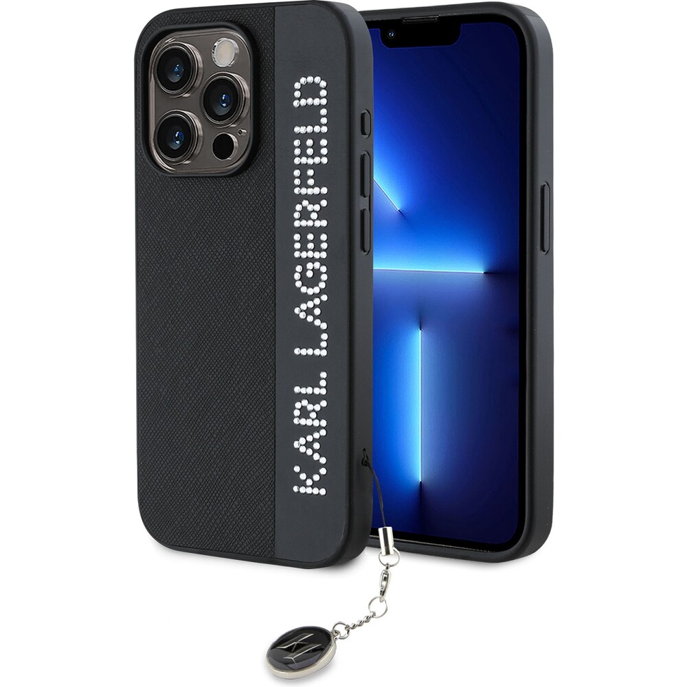 Karl-Lagerfeld-PU-Saffiano-Rhinestone-Charm-zadni-kryt-iPhone-15-Pro-cerny