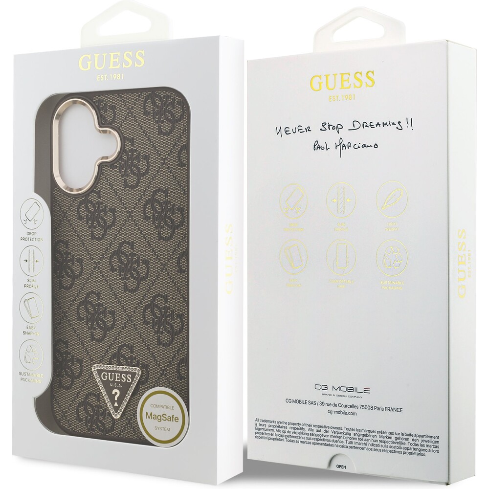 Guess-PU-Leather-4G-Triangle-Logo-Gold-Frame-MagSafe-kryt-iPhone-17-hnedy