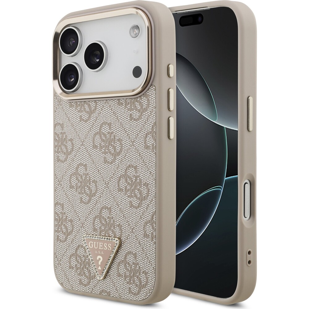 Guess-PU-Leather-4G-Triangle-Logo-Gold-Frame-MagSafe-kryt-iPhone-17-Pro-ruzovy
