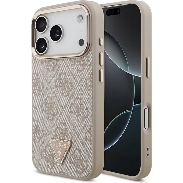 Guess-PU-Leather-4G-Triangle-Logo-Gold-Frame-MagSafe-kryt-iPhone-17-Pro-ruzovy