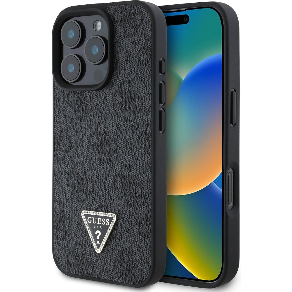 Guess-PU-4G-Strass-Triangle-Metal-Logo-kryt-pro-iPhone-16-Pro-cerny