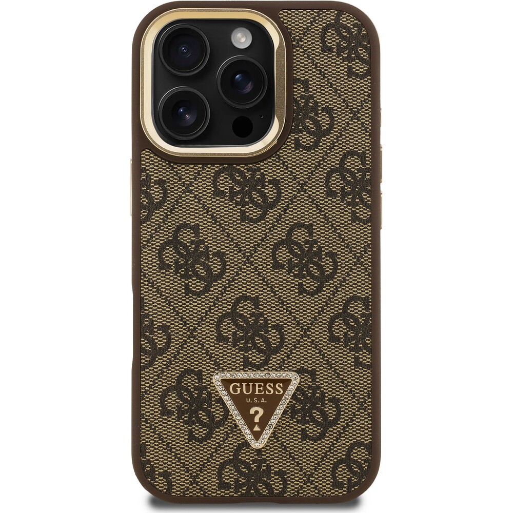 Guess-PU-4G-Strass-Triangle-Logo-Stand-Camera-Frame-MagSafe-kryt-iPhone-16-Pro-hnedy