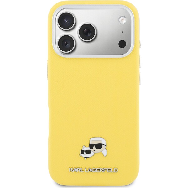 Karl-Lagerfeld-PU-Karl-and-Choupette-Heads-Pins-MagSafe-kryt-iPhone-17-Pro-zluty