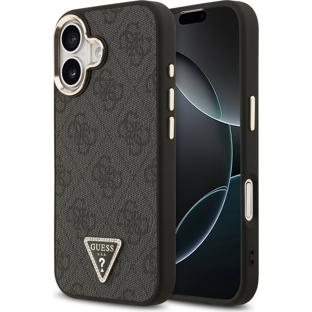 Guess-PU-Leather-4G-Triangle-Logo-Gold-Frame-MagSafe-kryt-iPhone-17-cerny