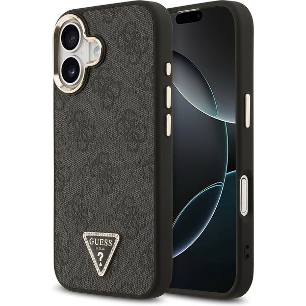 Guess-PU-Leather-4G-Triangle-Logo-Gold-Frame-MagSafe-kryt-iPhone-17-cerny
