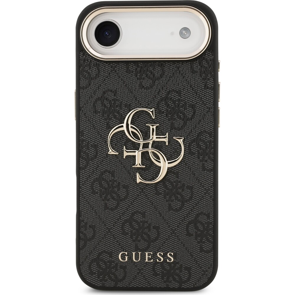 Guess-PU-Leather-4G-Metal-Logo-Gold-Frame-MagSafe-kryt-iPhone-Air-cerny