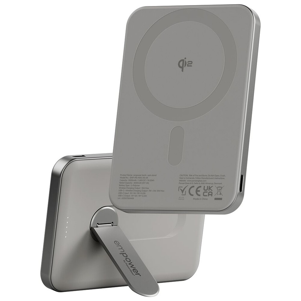 PanzerGlass-empower-bezdratova-Qi2-powerbanka-5000-mAh-MagSafe-otocny-stojanek-seda