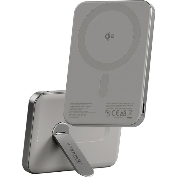 PanzerGlass-empower-bezdratova-Qi2-powerbanka-5000-mAh-MagSafe-otocny-stojanek-seda