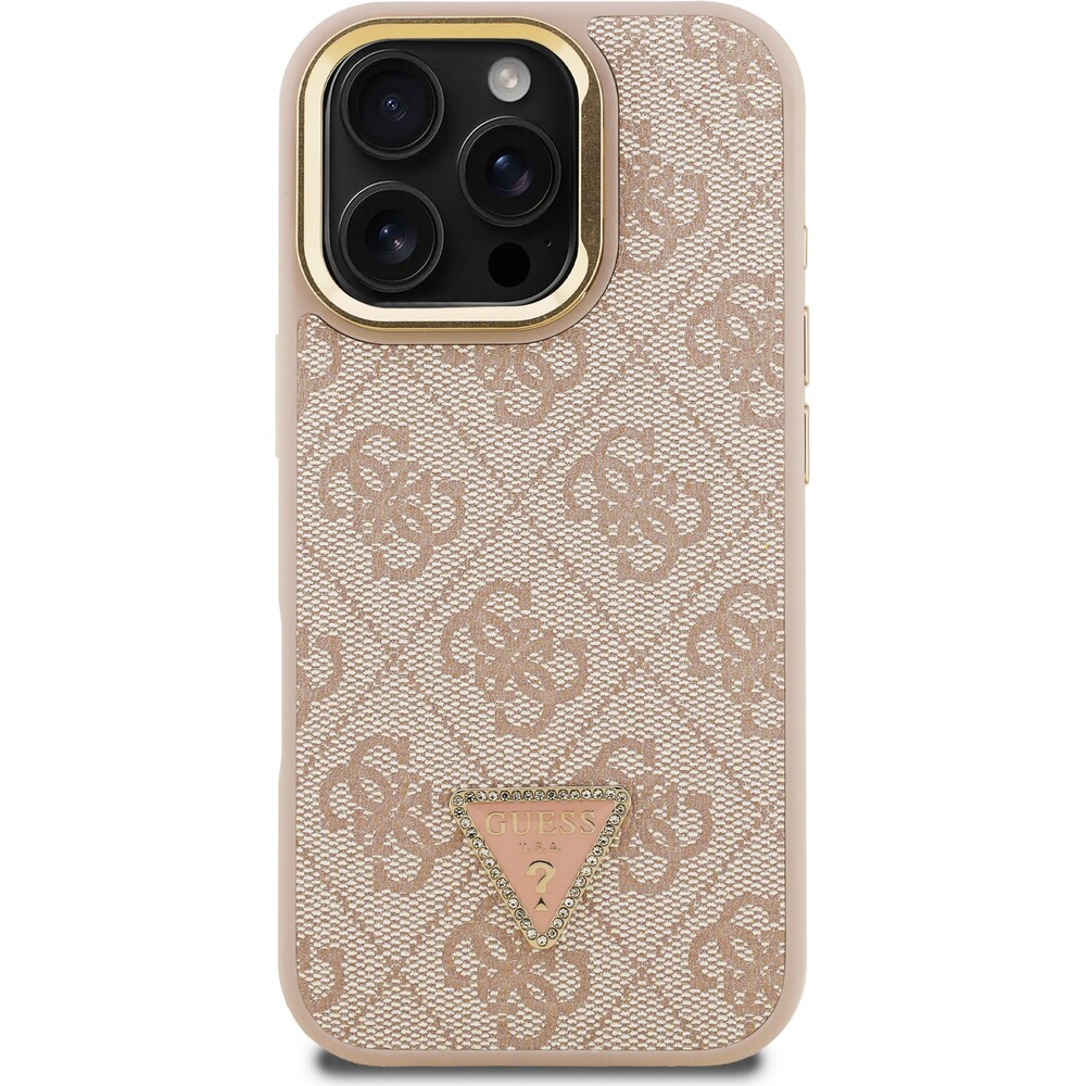 Guess-PU-4G-Strass-Triangle-Logo-Stand-Camera-Frame-MagSafe-kryt-iPhone-16-Pro-ruzovy