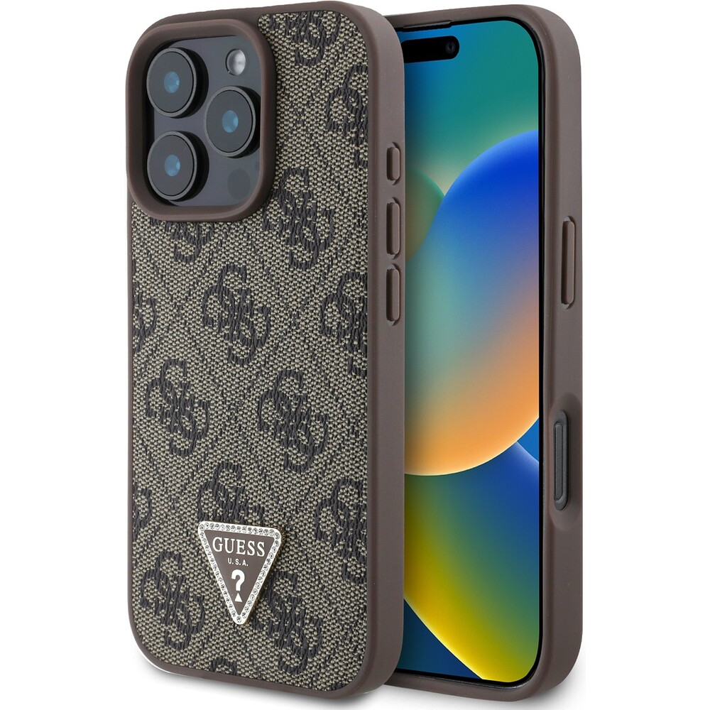 Guess-PU-4G-Strass-Triangle-Metal-Logo-kryt-pro-iPhone-16-Pro-hnedy
