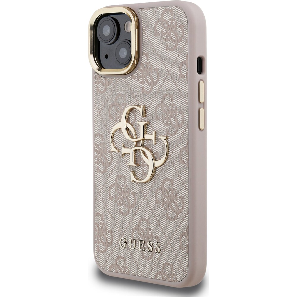 Guess-PU-4G-Metal-Logo-Stand-Camera-Frame-kryt-iPhone-15-ruzovy