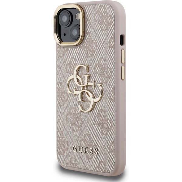 Guess-PU-4G-Metal-Logo-Stand-Camera-Frame-kryt-iPhone-15-ruzovy