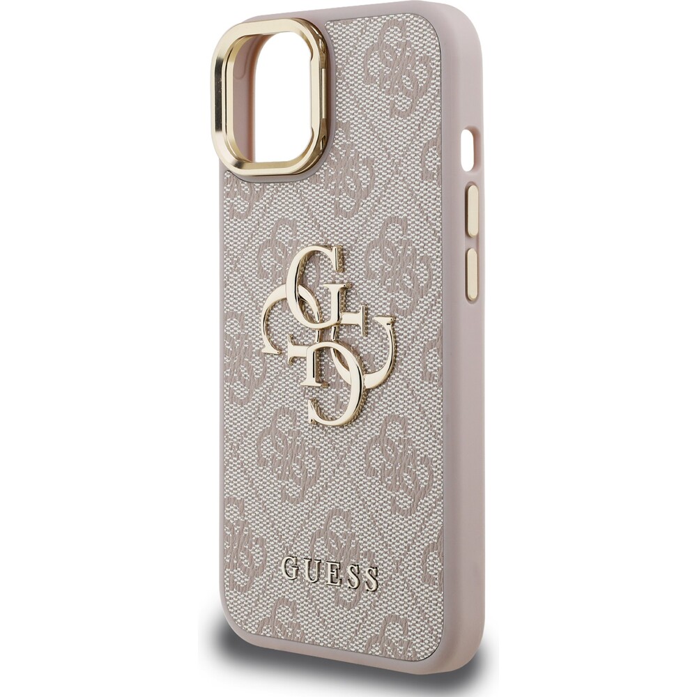 Guess-PU-4G-Metal-Logo-Stand-Camera-Frame-kryt-iPhone-15-ruzovy