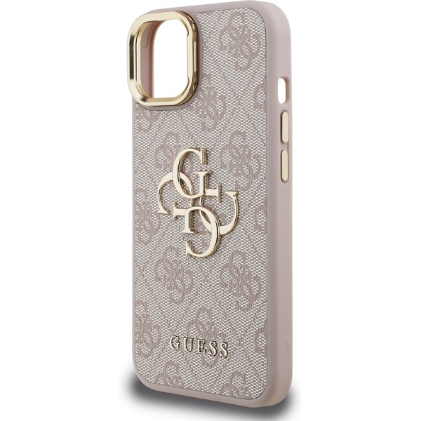 Guess-PU-4G-Metal-Logo-Stand-Camera-Frame-kryt-iPhone-15-ruzovy