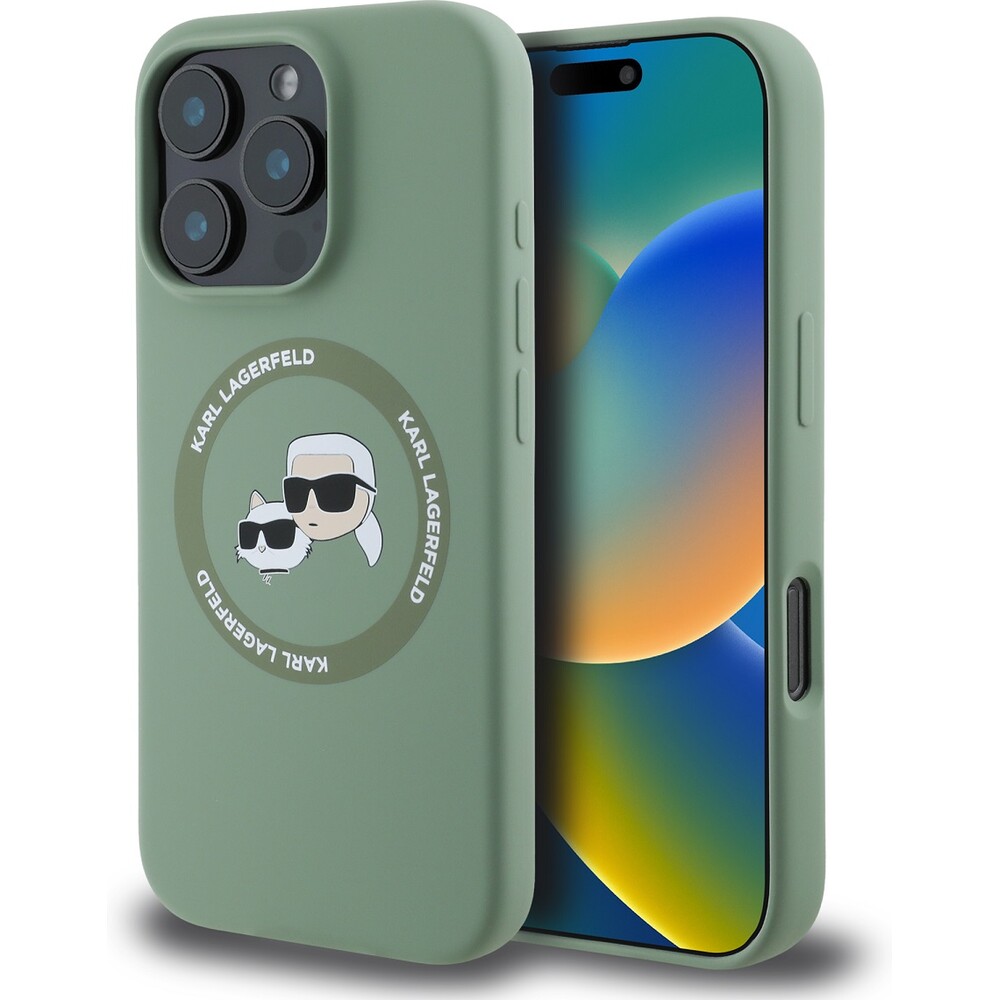 Karl-Lagerfeld-Liquid-Silicone-K-CH-Heads-MagSafe-kryt-iPhone-16-Pro-zeleny