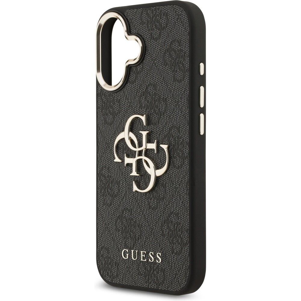 Guess-PU-Leather-4G-Metal-Logo-Gold-Frame-MagSafe-kryt-iPhone-17-cerny