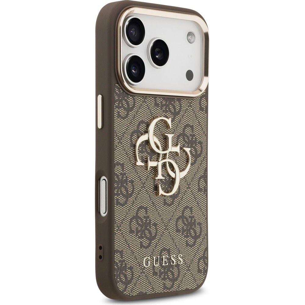 Guess-PU-Leather-4G-Metal-Logo-Gold-Frame-MagSafe-kryt-iPhone-17-Pro-Max-hnedy