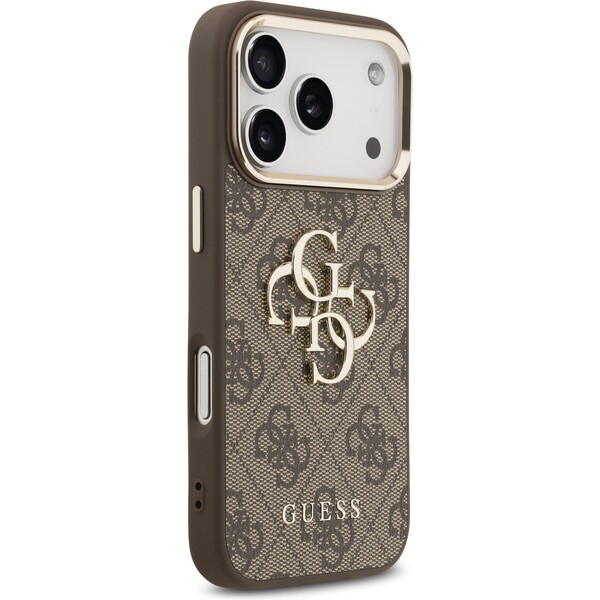 Guess-PU-Leather-4G-Metal-Logo-Gold-Frame-MagSafe-kryt-iPhone-17-Pro-Max-hnedy