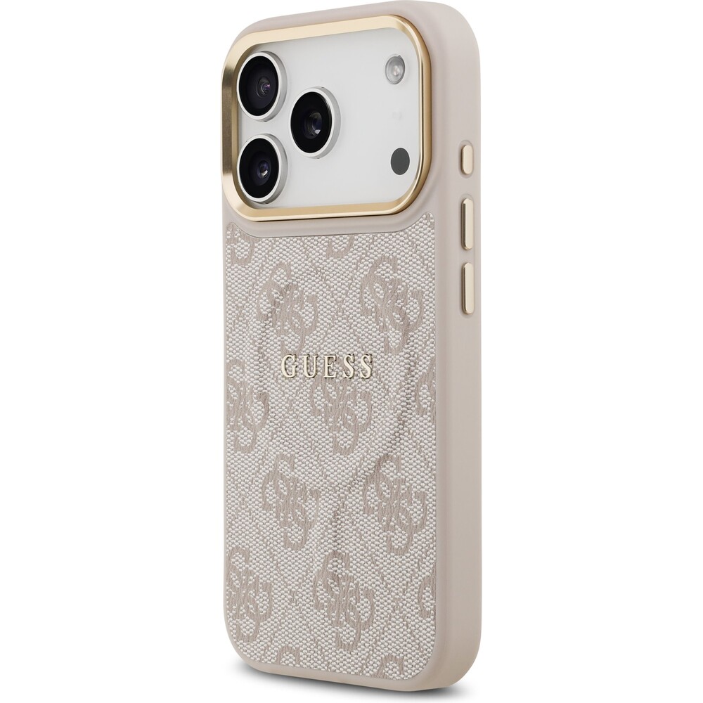 Guess-PU-Leather-4G-Gold-Frame-MagSafe-kryt-iPhone-17-Pro-ruzovy