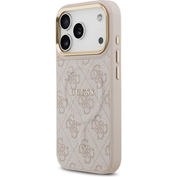 Guess-PU-Leather-4G-Gold-Frame-MagSafe-kryt-iPhone-17-Pro-ruzovy