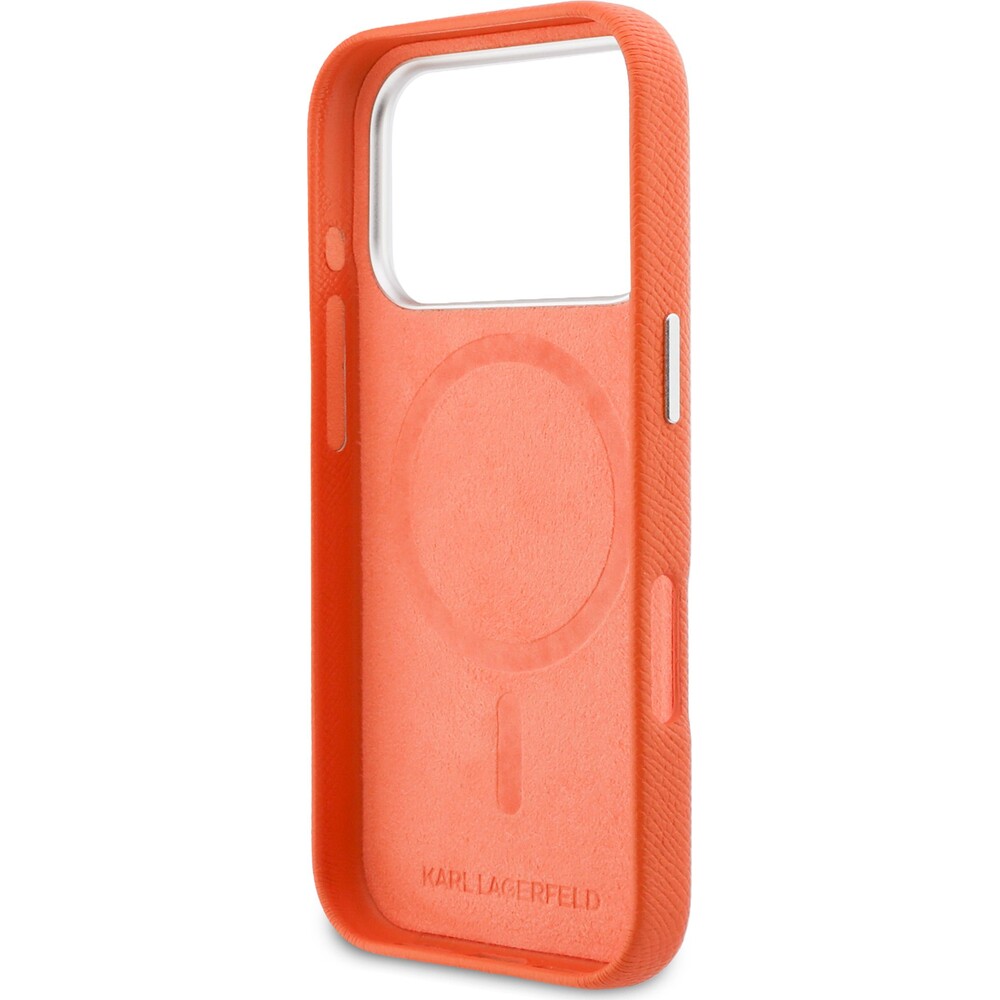 Karl-Lagerfeld-PU-Karl-and-Choupette-Heads-Pins-MagSafe-kryt-iPhone-17-Pro-Max-oranzovy