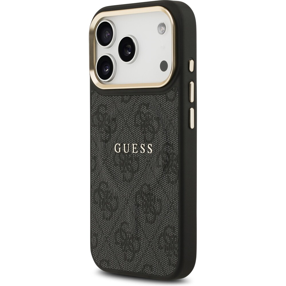 Guess-PU-Leather-4G-Gold-Frame-MagSafe-kryt-iPhone-17-Pro-cerny