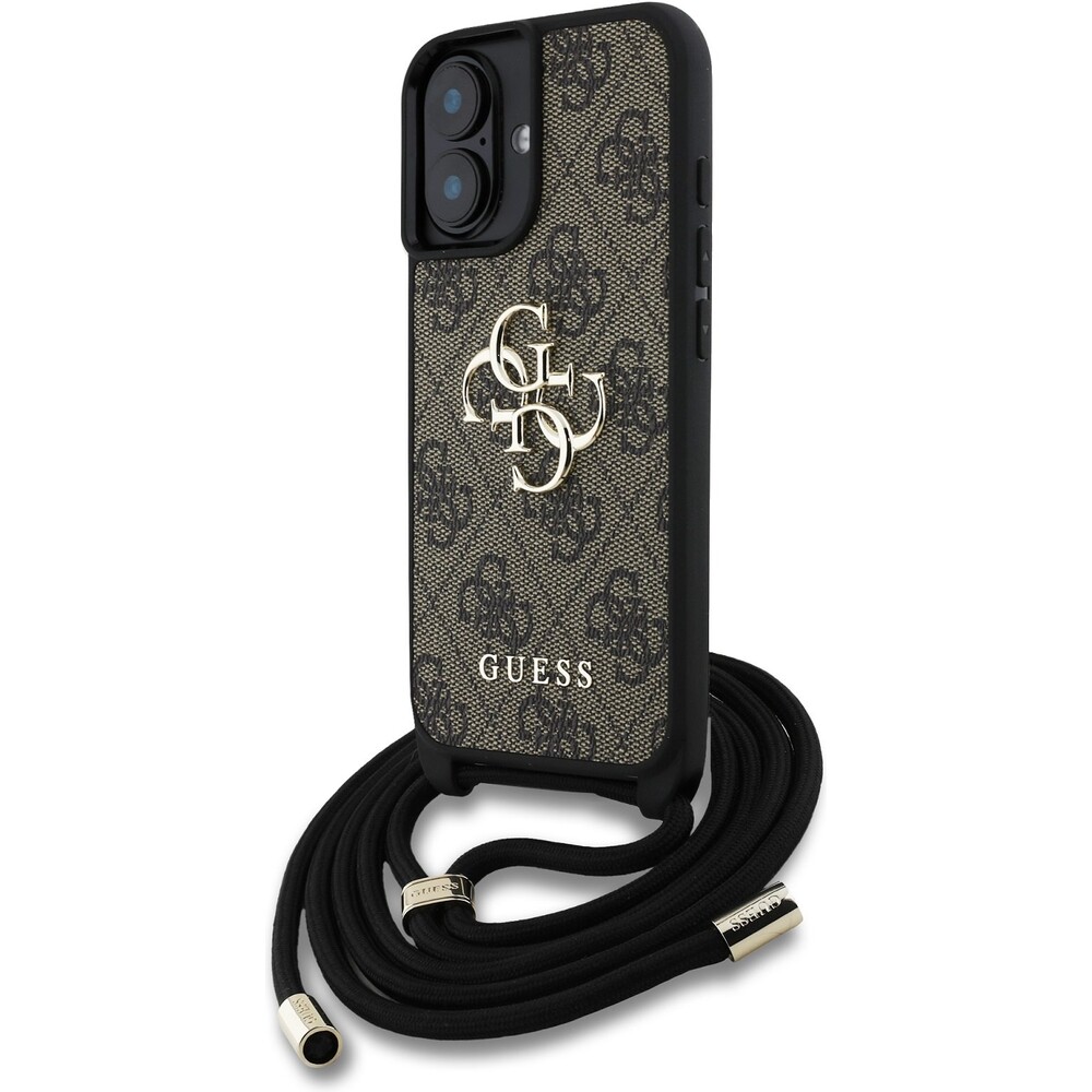 Guess-PU-4G-Metal-Logo-Crossbody-popruh-kryt-iPhone-16-hnedy