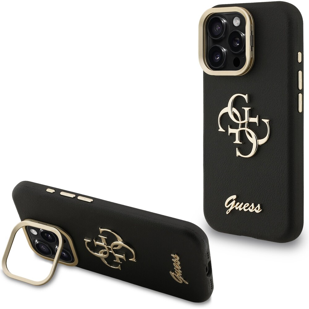 Guess-PU-Grained-4G-Logo-Stand-Camera-Frame-kryt-iPhone-15-Pro-cerny