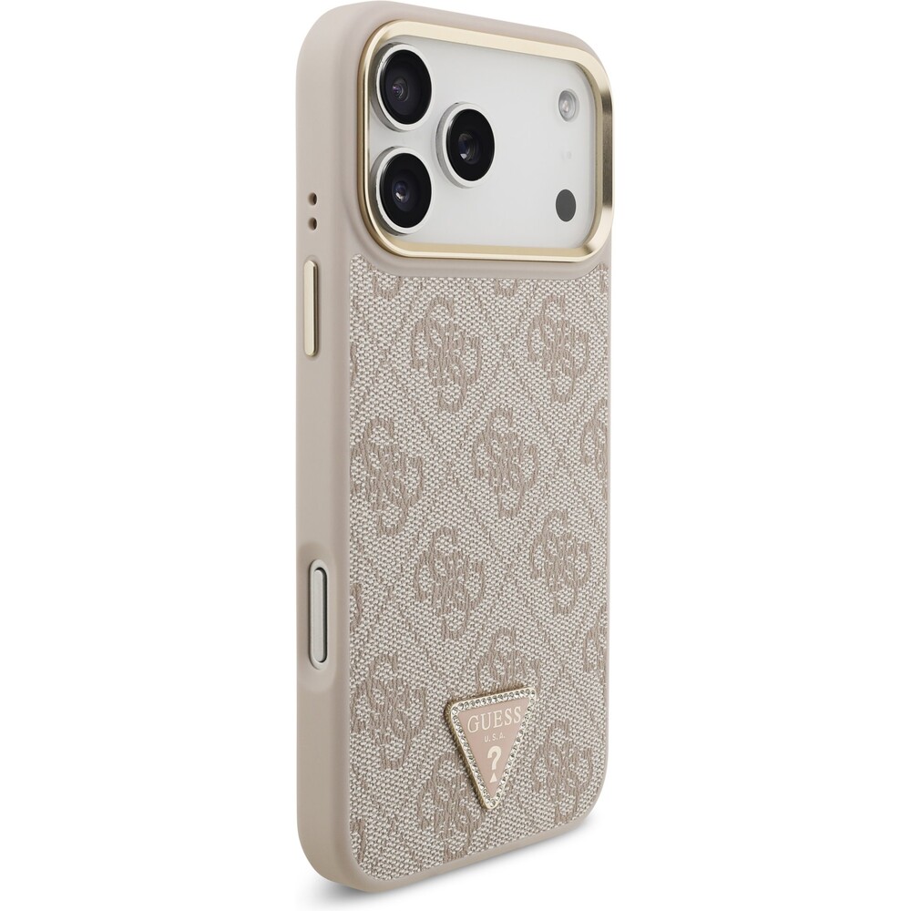 Guess-PU-Leather-4G-Triangle-Logo-Gold-Frame-MagSafe-kryt-iPhone-17-Pro-Max-ruzovy