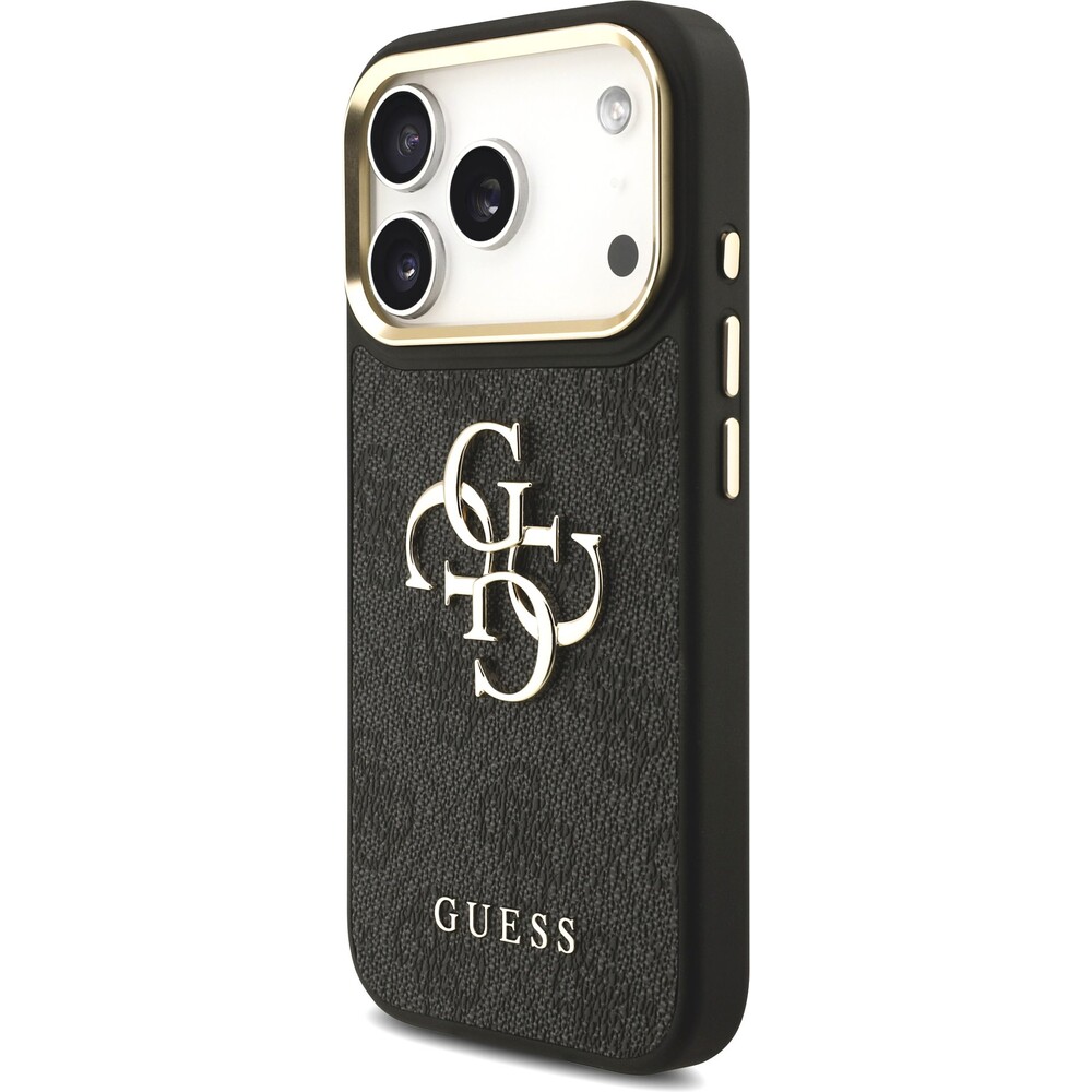 Guess-PU-Leather-4G-Metal-Logo-Gold-Frame-kryt-iPhone-17-Pro-cerny