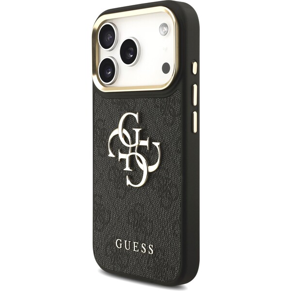 Guess-PU-Leather-4G-Metal-Logo-Gold-Frame-kryt-iPhone-17-Pro-cerny